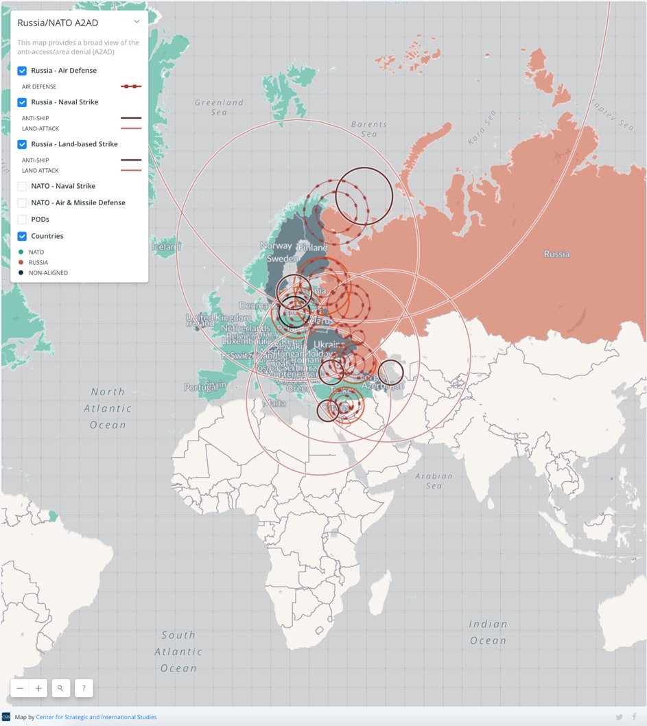 Oversikt over rekkevidde med russisk luftvern, land- og maritime våpensystemer (A2/ AD)