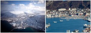 Bilde til venstre: Utsikt over landskap i Troms fra et Bell 412-helikopter. Foto: Erik Drabløs, Forsvaret. / Bilde til høyre: 4 franske Mirage 2000C flyr i formasjon over Bodø. Foto: Hanne Hernes, Forsvaret.