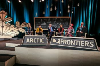 From left to right: Katri Kulmuni Member of Finnish Parliament and Chair of the Finnish Delegation of Parliamentarians of the Arctic Region / Ine Eriksen Søreide Minister of Foreign Affairs of Norway / Stephen Sackur Moderator / Lisa Murkowski United States Senator for Alaska /Aili Keskitalo President of the Sami Parliament of Norway / Tore Furevik Professor, University of Bergen and Director of the Bjerknes Centre for Climate Research. Foto: Alberto Grohovaz/Arctic Frontiers 2019